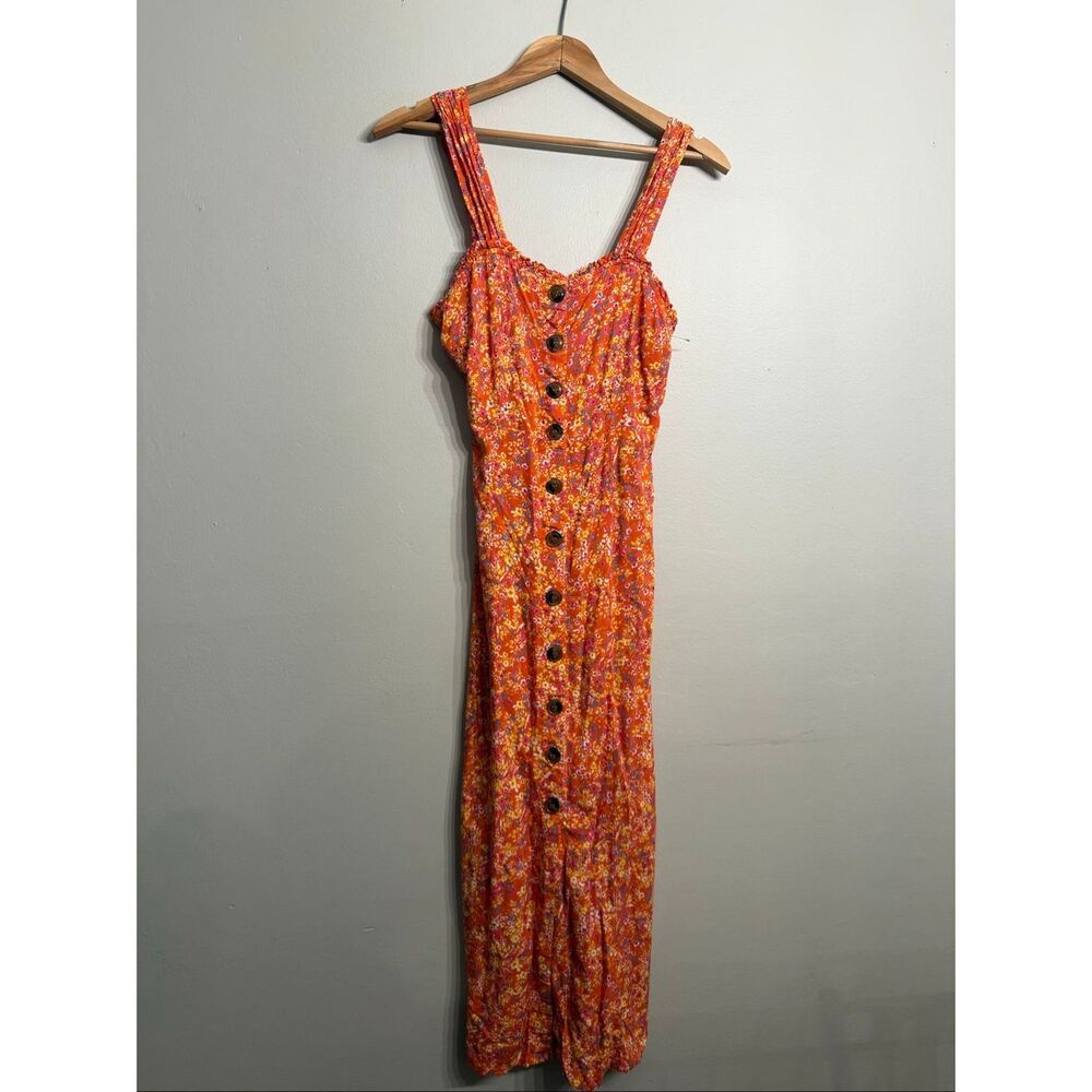Japna Orange Yellow Floral Sleeveless Buttoned Down Midi Dress Size Medium‎